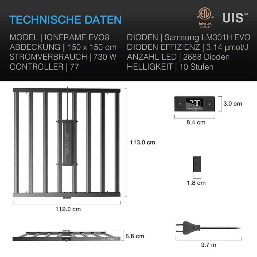 AC Infinity IONFRAME EVO8 | Samsung LM301H EVO LED Grow Light | 730W | bis 150 x 150 cm – Bild 2